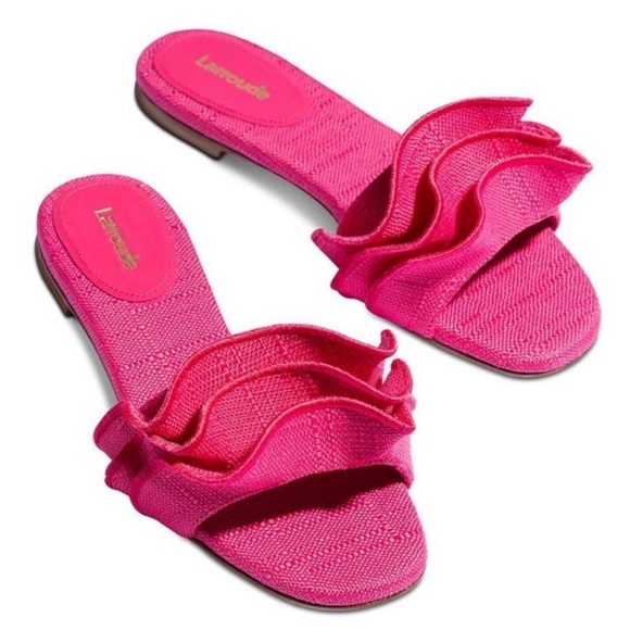 LARROUDE Ivy Ruffle Slip On Mule Flat Sandals in Pink Raffia Size 5 NWB - Picture 1 of 14